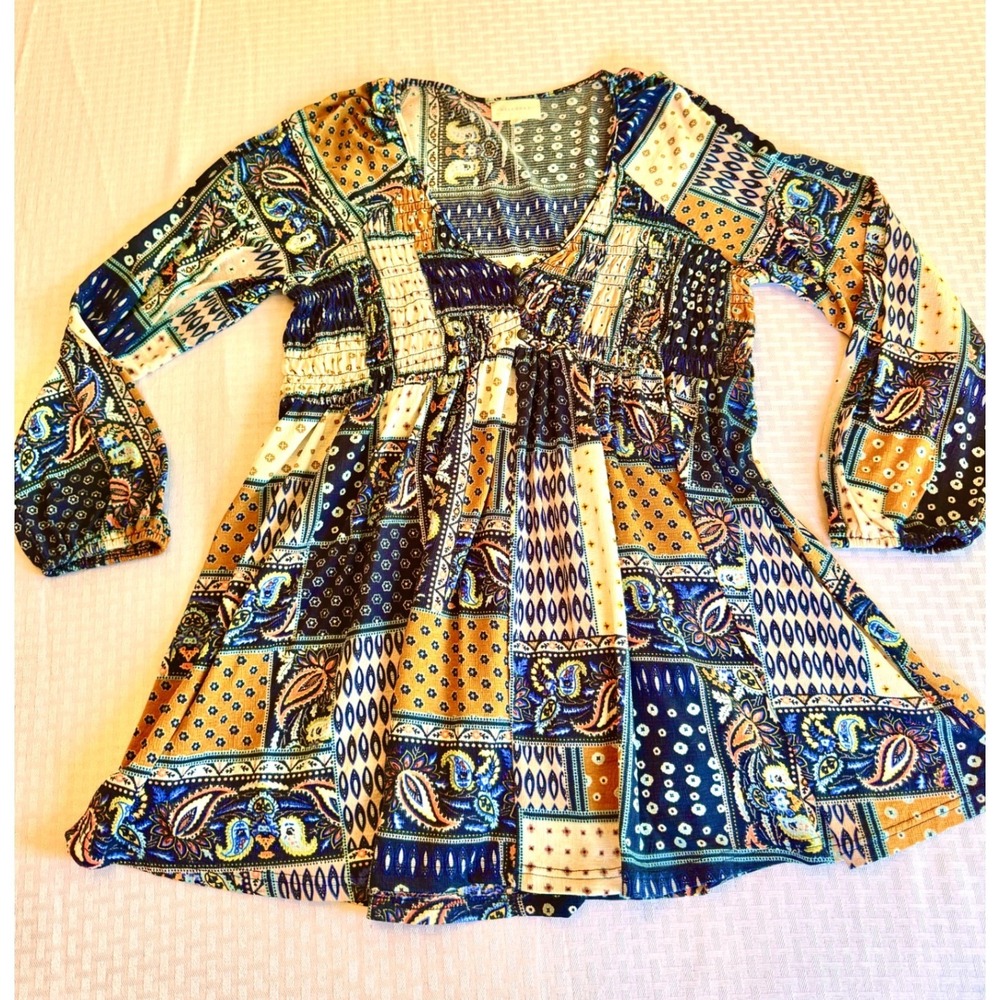 Melloday Boho Patchwork Paisley Peasant Tunic Top Large Multi Color CET200745-TM